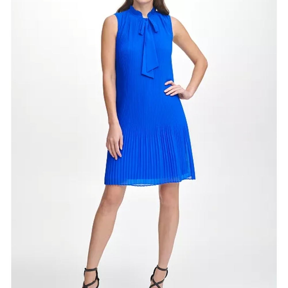 DKNY Iris Blue Sleeveless Pleated Tie Neck Shift Dress - Size 8